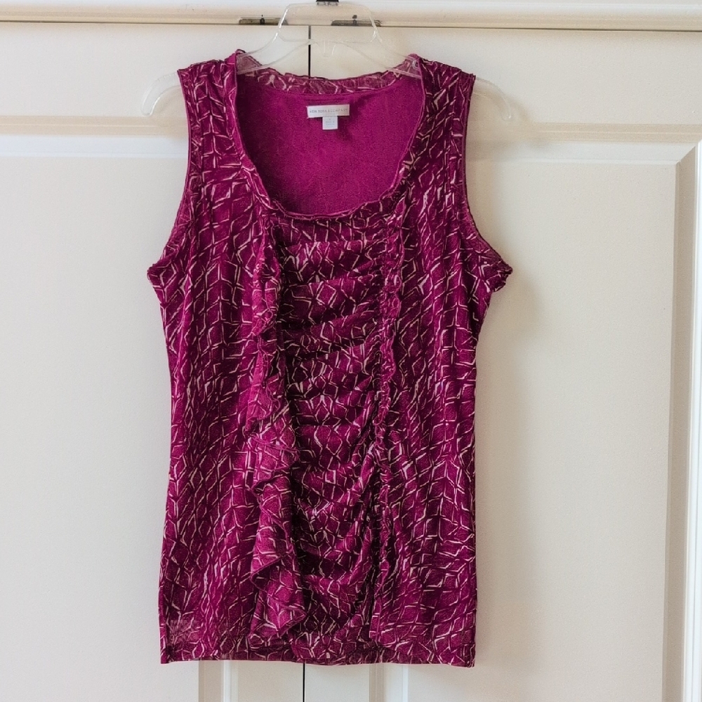 New York & Company Magenta Patterned Sleeveless Top with Ruffle Design